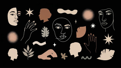 Modern Retro Halftone Minimal Abstract Faces Bodies Sticker Elements Set on Black Background