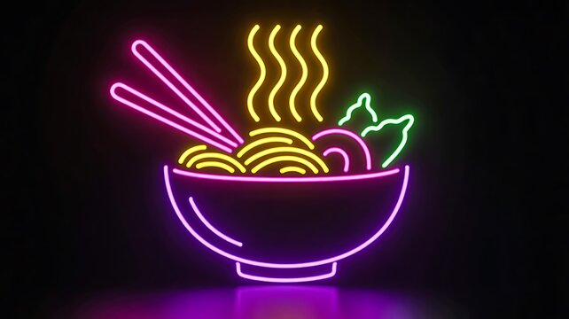 Neon noodle bowl with chopsticks and steam on dark background
