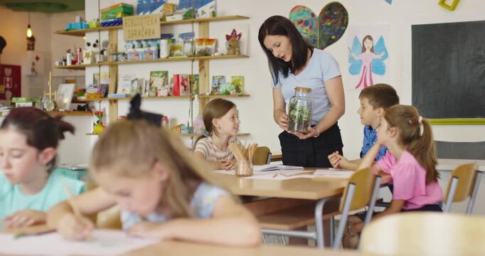 Female teacher showing a terrarium plant in a glass jar to a group of curious elementary students during a science lesson in a classroom, fostering interactive learning and discovery