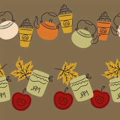 Autumn Food Items Vector Seamless Horizontal Borders Set