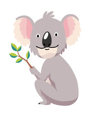 Cute koala character joyfully holding branch in its paw for support