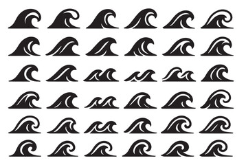Mega Bundle of Ocean Wave Icons and Graphics - Line Art, Solid, and Japanese Styles Vector
