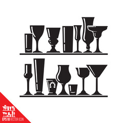 Variety of cocktail glasses on shelves vector icon