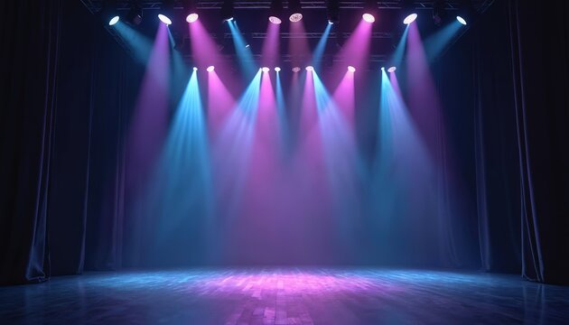 Empty theater stage with blue, purple spotlights. Lighting rig illuminates dark scene with wooden floor, curtains. Dramatic background for concert, show dance performance. Event backdrop for