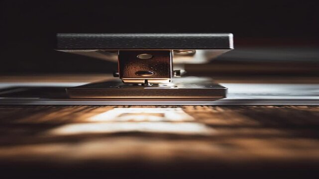 A close-up, low-angle shot of a metallic stapler on a wooden surface with papers, highlighting its mechanism and the interplay of light and shadow.