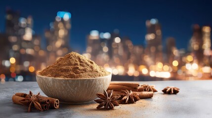 Bowl of Spices Including Cinnamon and Star Anise with Blurred Cityscape at Night