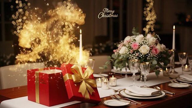 Red gift box and magic sparkles on elegant floral table setting.