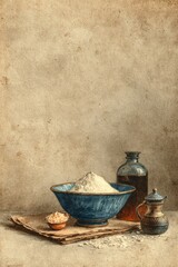 Vintage watercolor illustration of baking ingredients with flour bowl, salt and bottles, rustic kitchen still life on textured antique paper background