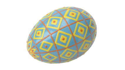 Isolated bright blue Easter egg decorated with yellow diamonds and orange crisscross lines