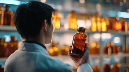 Young Scientist with Cough Medicine in Professional Lab