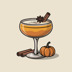Layered pumpkin cocktail vector with cinnamon stick and star anise &ndash; Ideal for beverage branding, autumn holiday greetings, or digital menu design.