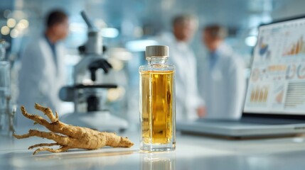 Laboratory scene, researcher and liquid bottle