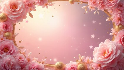 Delicate pink roses and gold glitter accents frame soft gradient background. Floral elements and shimmering spheres create romantic, celebratory mood ideal for invitations, cards, or festive designs.