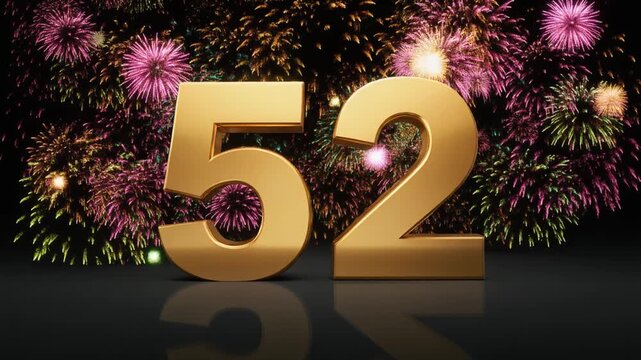 Gold number 52 with fireworks in the background. Festive scene for birthday or anniversary party