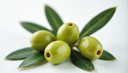 Obraz premium Four fresh green pitted olives with tree leaves isolated on white background. Healthy organic fruit tasty Mediterranean snack appetizer. Raw food ingredient for making extra virgin cooking oil, for