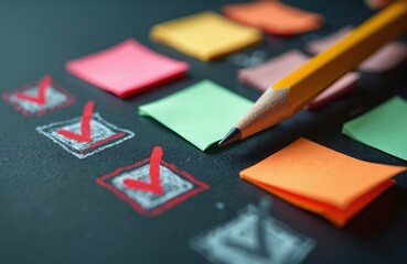 Checklist with marked tasks, sticky notes and pencil on dark surface. Planning process and goal achievement on agenda. Project management and to-do list organization. Strategic business development.