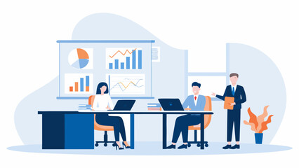 Business team collaborating in modern office with data analysis