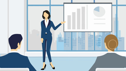 Obraz premium Businesswoman presenting data on screen to colleagues in modern office
