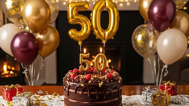 Chocolate cake with 50 golden candles for luxurious birthday celebration