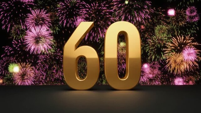 Gold number 60 with fireworks in the background. Festive scene for birthday or anniversary party