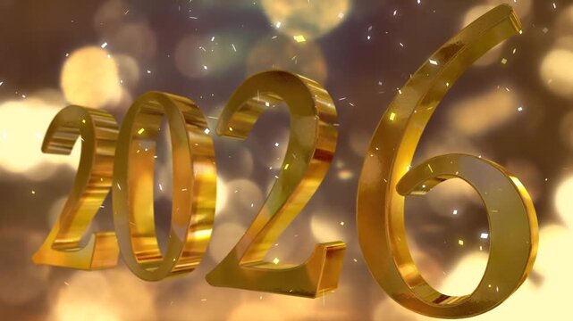 キラキラ輝くイルミネーションの丸ボケ背景　新年・正月・元日の年タイトル　金色3dの2026のテキストシンボル　お祝い・イベント・パーティーの背景　降りかかる紙吹雪　