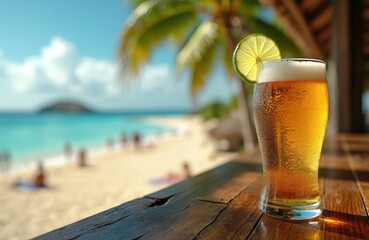 Chilled beer glass with a lime slice on wood table. Blurred beach background with blue sea palm trees. Summer vibes vacation. Refreshing drink on sunny day at seaside resort.