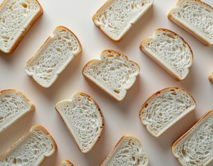 Artistic top-down close-up of white bread slices arranged in a dynamic diagonal pattern, strong studio key light, clean light background