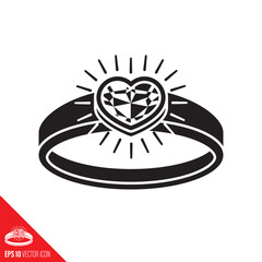 Engagement ring with heart-shaped gemstone vector icon