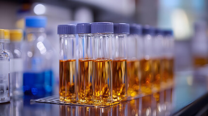 Labratory Research: Scientific Experiment in Progress,Medical vials on conveyor belt. Pharmaceutical production