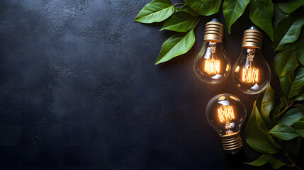 Solar light bulb with light of nature and green leaves, in the style energetic effect, contrasting backgrounds, light gold and green, shaped canvas.