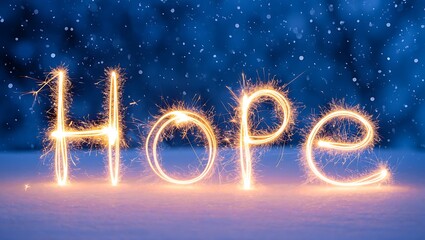 Sparkling word Hope glowing with festive lights on snowy blue background, conveying winter holiday inspiration, positivity, calmness, magical atmosphere, celebration, and uplifting seasonal emotion.