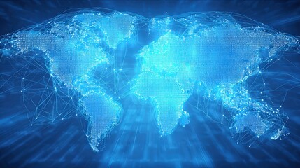 A digital representation of a world map with glowing network connections, symbolizing global connectivity and technology.