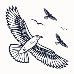 Black and white of birds flying in mixed directions