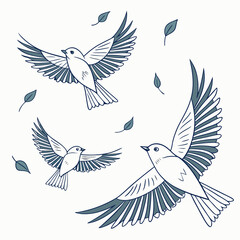 Birds flying in mixed directions with leaves flying birds