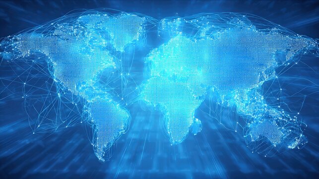 A digital representation of a world map with glowing network connections, symbolizing global connectivity and technology. - Powered by Adobe