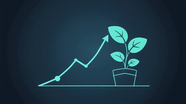 Minimalist vector animation depicting a plant growing alongside an upward trending financial graph, symbolizing growth and success