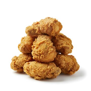Crispy fried chicken pieces stacked on white background, crunchy golden brown crust, professional food photography for advertising and commercial use.