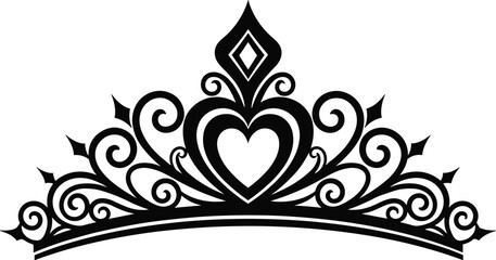 Elegant Tiara Silhouette with Heart and Diamond Motif Featuring Ornate Swirls and Regal Symmetry for Royal or Ceremonial Themes © Lutfun Creatives
