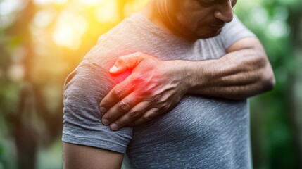 Man Experiencing Shoulder Pain While Exercising in Outdoor Setting