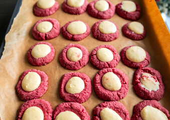Freshly Baked Red Velvet Thumbprint Cookies with Cream Cheese Filling – Holiday Treat
