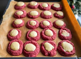 Freshly Baked Red Velvet Thumbprint Cookies with Cream Cheese Filling – Holiday Treat