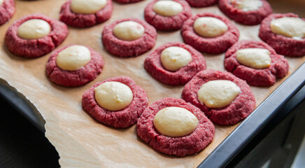Freshly Baked Red Velvet Thumbprint Cookies with Cream Cheese Filling – Holiday Treat
