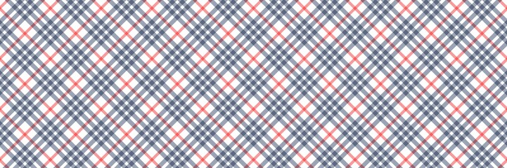 Seamless diagonal gingham plaid pattern in muted blue, coral, and white. Tartan background for textiles, fashion, scrapbooking, and web design. Traditional Scottish rhombus check.