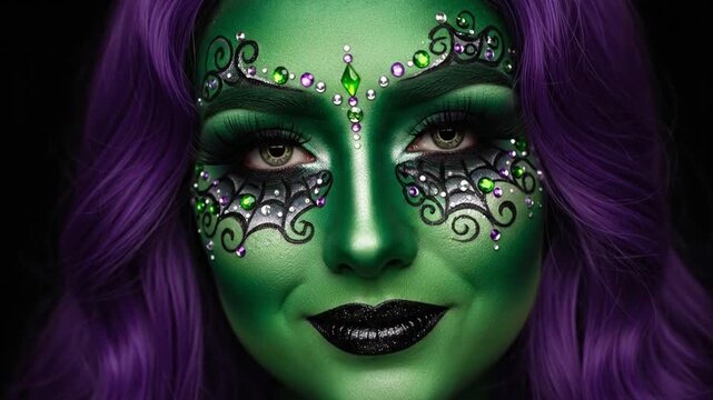 Young woman wearing creative green witch makeup portrait on dark.
