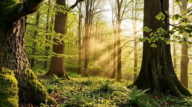 Sunbeams filter through ancient trees onto mossy forest floor, golden light, tranquil hush at dawn