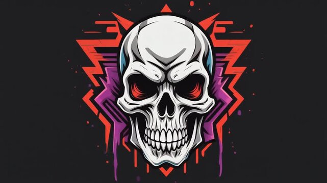 Modern vector art of a stylized human skull with glowing red eyes, set against an abstract geometric backdrop featuring sharp angles and vibrant neon colors