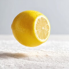 A Bright Yellow Lemon Suspended Mid Air Over a White Surface with Subtle Water Droplets