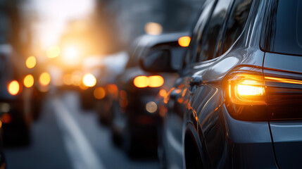 Urban traffic congestion scenario during peak hours, rush hour gridlock, city commute backup, metropolitan transportation delay, vehicular standstill visualization, with copy space