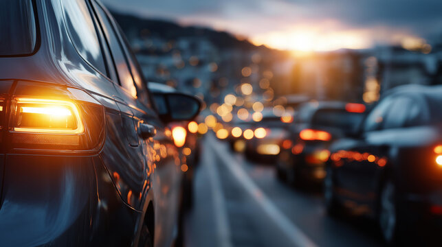 Evening traffic jam city streets photography, urban side view sunset glow, metropolitan congestion at dusk, rush hour golden hour, twilight gridlock visualization, with copy space