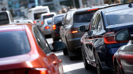 Obraz premium Traffic jam shown at intersection during rush hour, crossroad congestion, urban junction gridlock, peak commute time standstill, city traffic convergence, with copy space